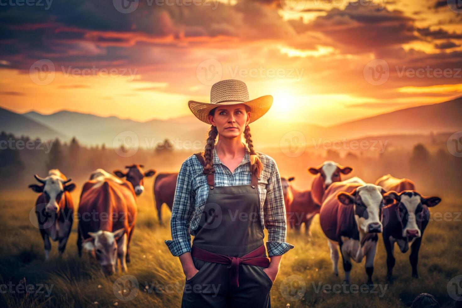 AI generated female farmer cows sunset photo