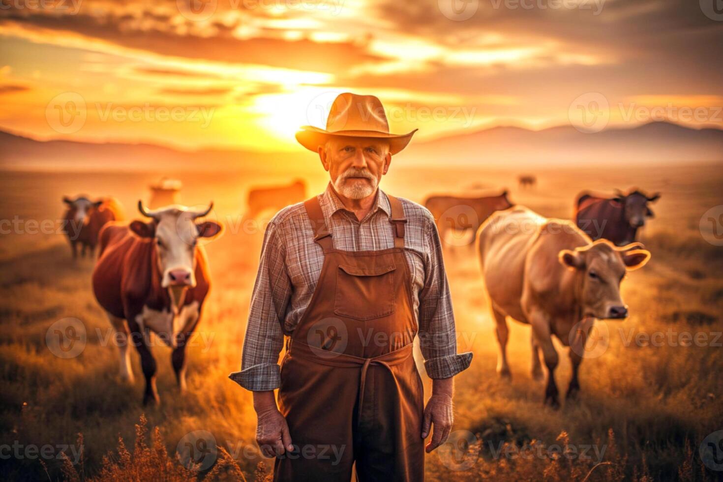 AI generated male farmer cows sunset photo