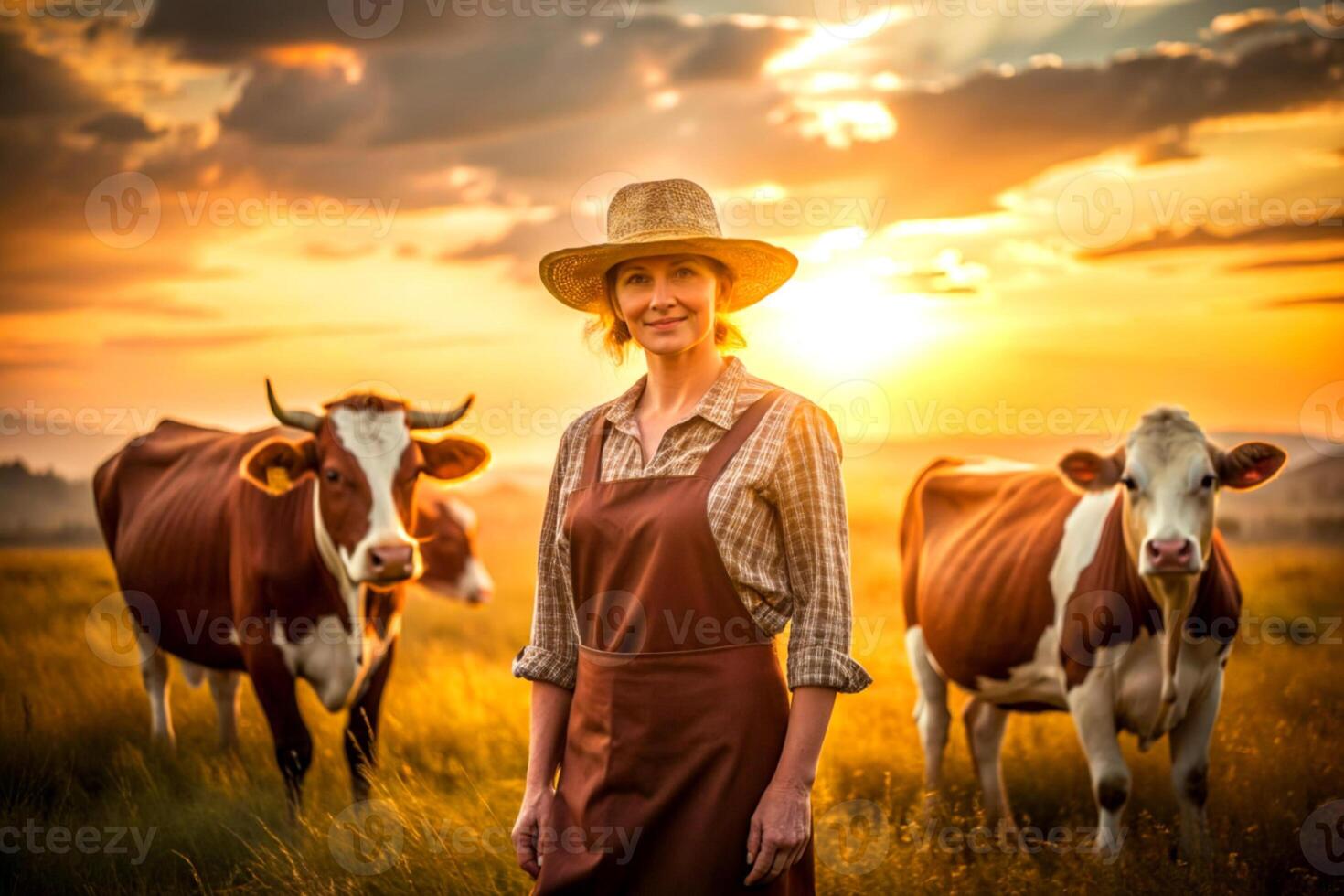 ai generado hembra granjero vacas puesta de sol foto