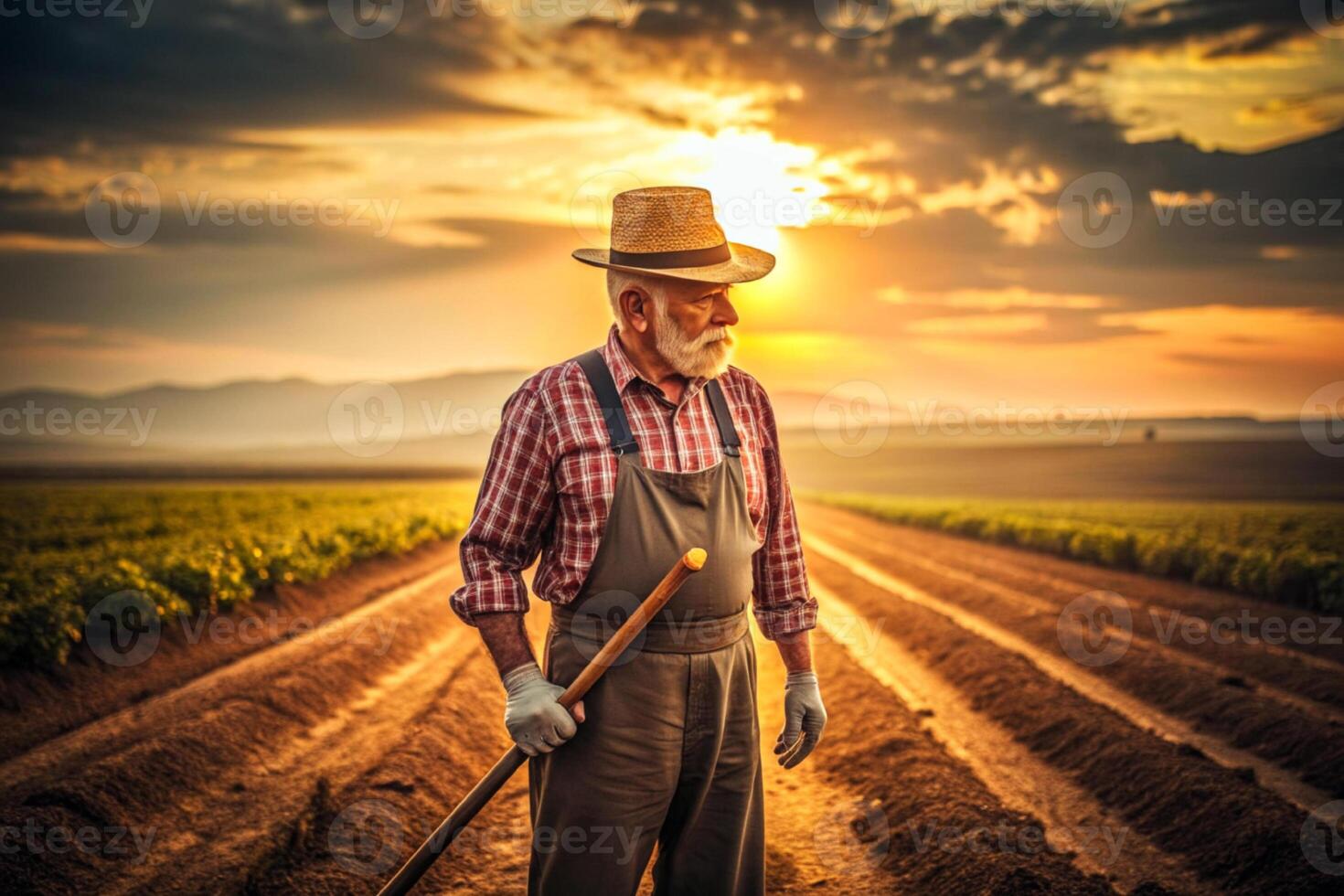 ai generado masculino granjero vacas puesta de sol foto