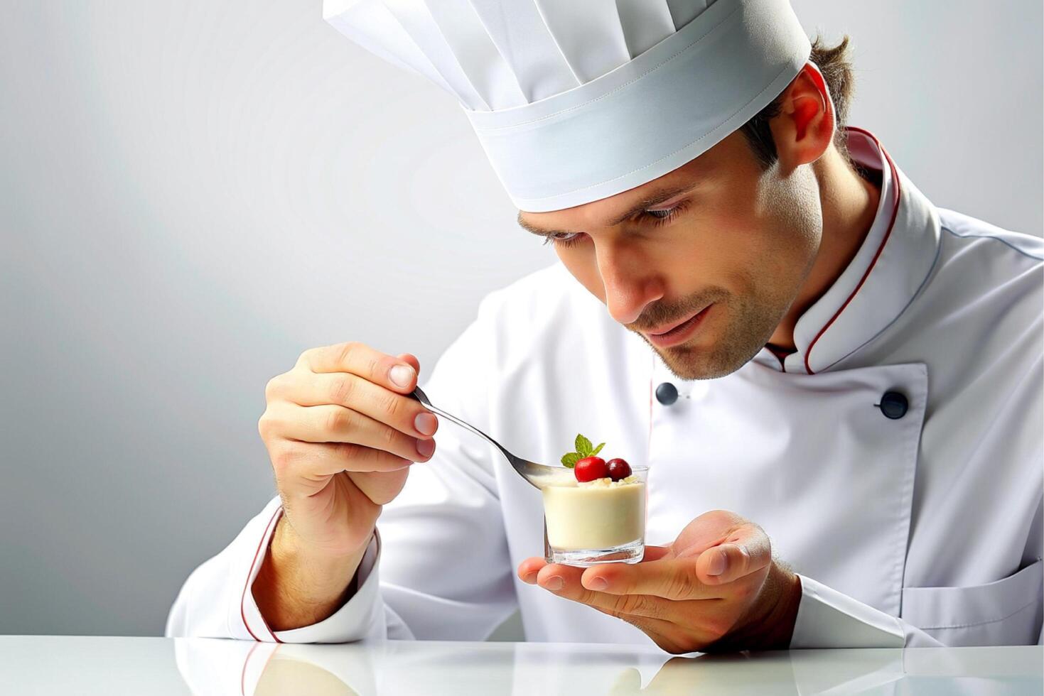 AI generated man chef decorating  delicious dessert. photo