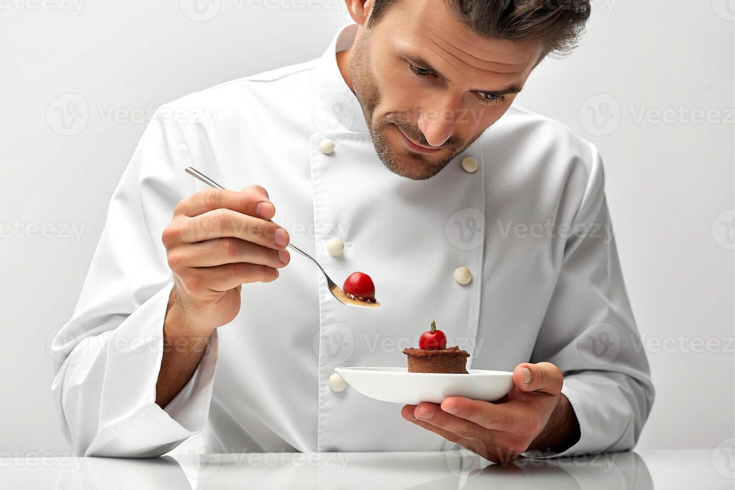 AI generated man chef decorating  delicious dessert. photo