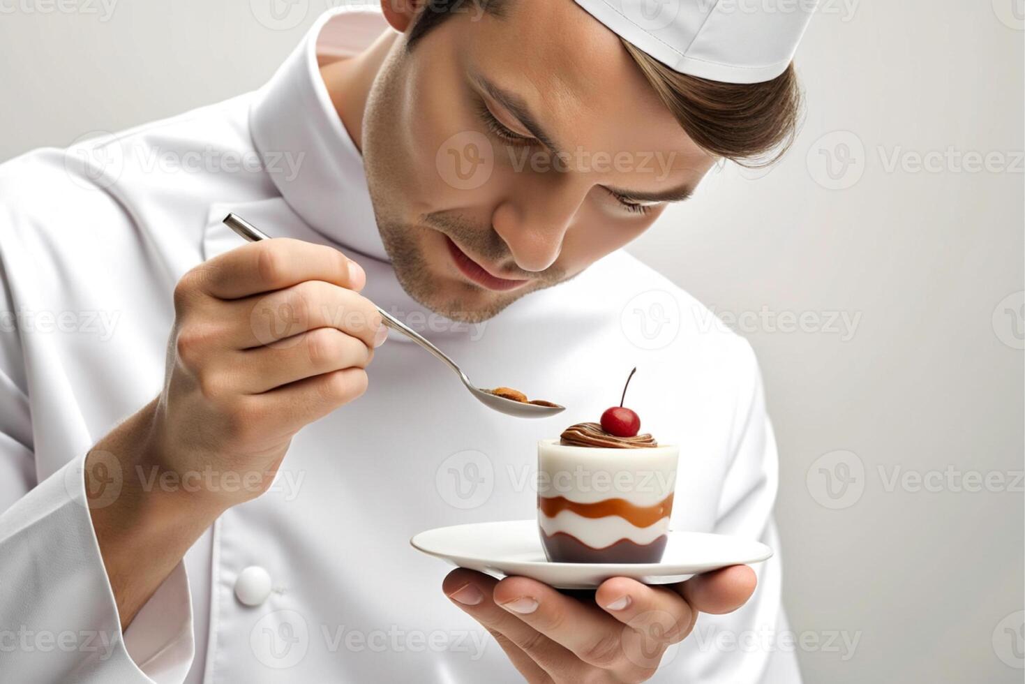 AI generated man chef decorating  delicious dessert. photo