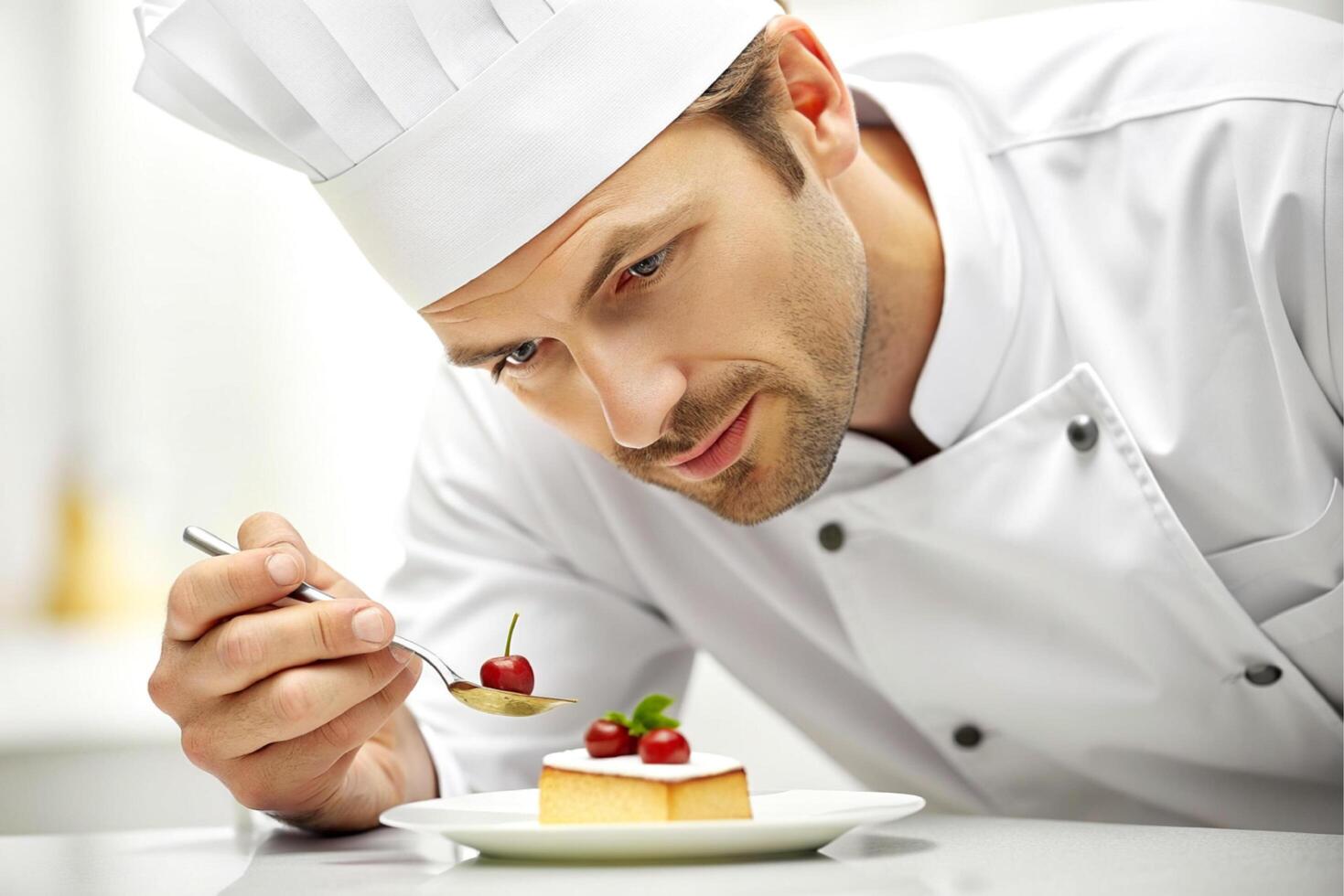 ai generado hombre cocinero decorando delicioso postre. foto