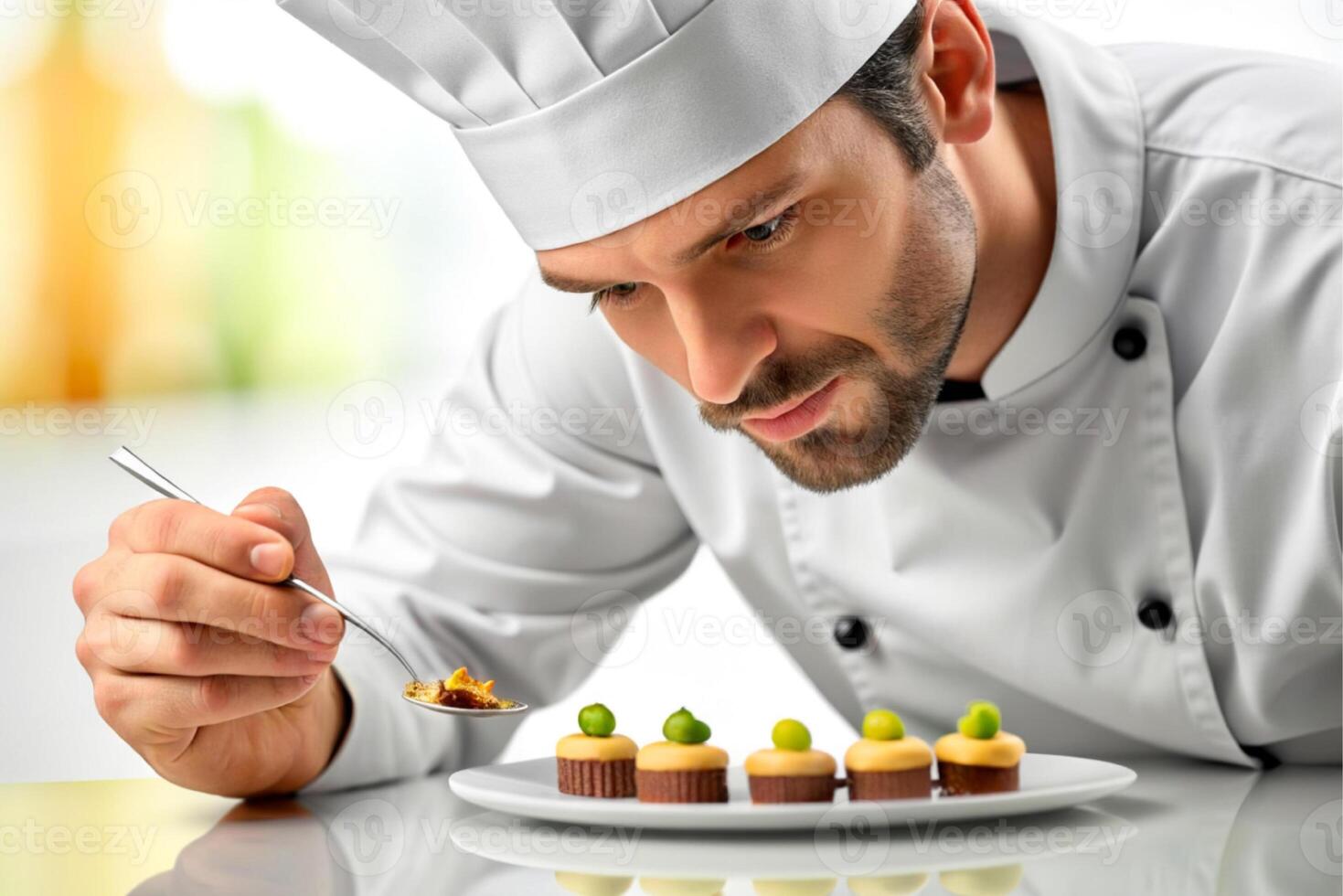 AI generated man chef decorating  delicious dessert. photo