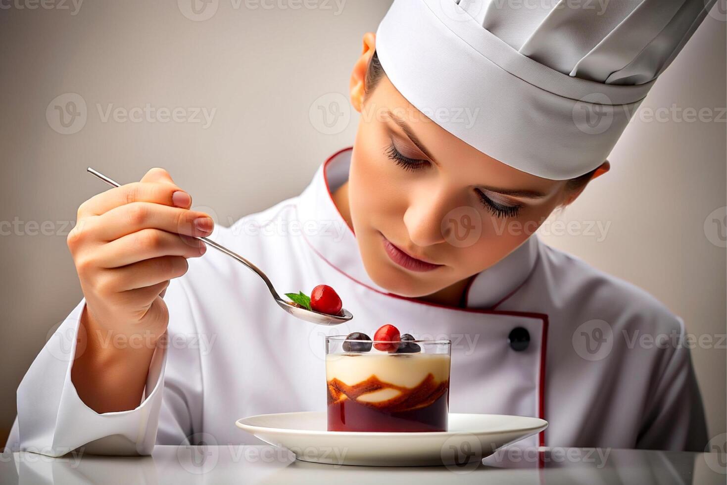 AI generated beautiful chef decorating  delicious dessert. photo