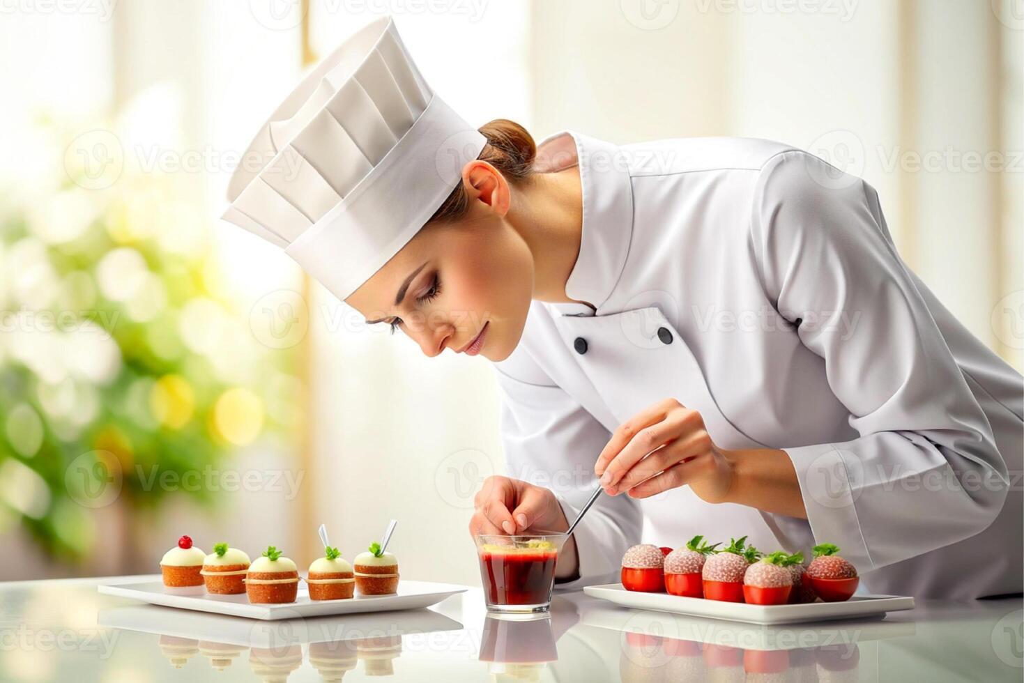 AI generated beautiful chef decorating  delicious dessert. photo