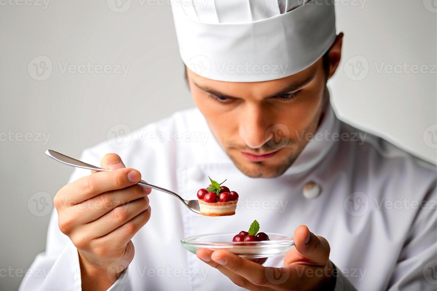 ai generado hombre cocinero decorando delicioso postre. foto