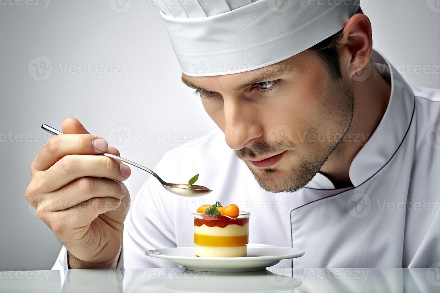 AI generated man chef decorating  delicious dessert. photo