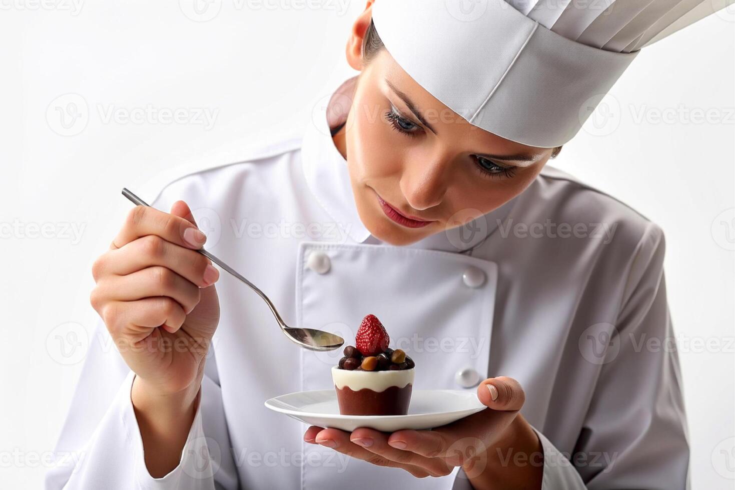 AI generated beautiful chef decorating  delicious dessert. photo