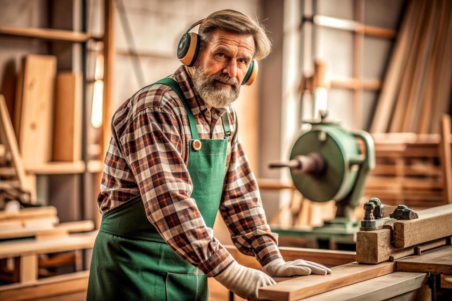 AI generated male carpenter working wooden machine workshop photo