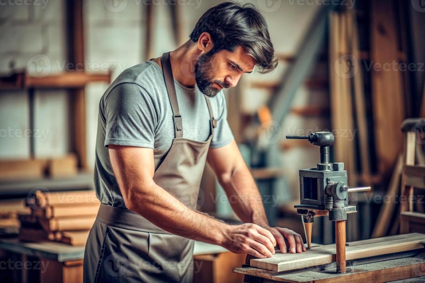 ai generado masculino carpintero trabajando de madera máquina taller foto