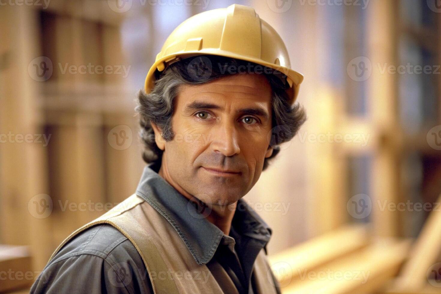 AI generated male carpenter working wooden machine workshop photo