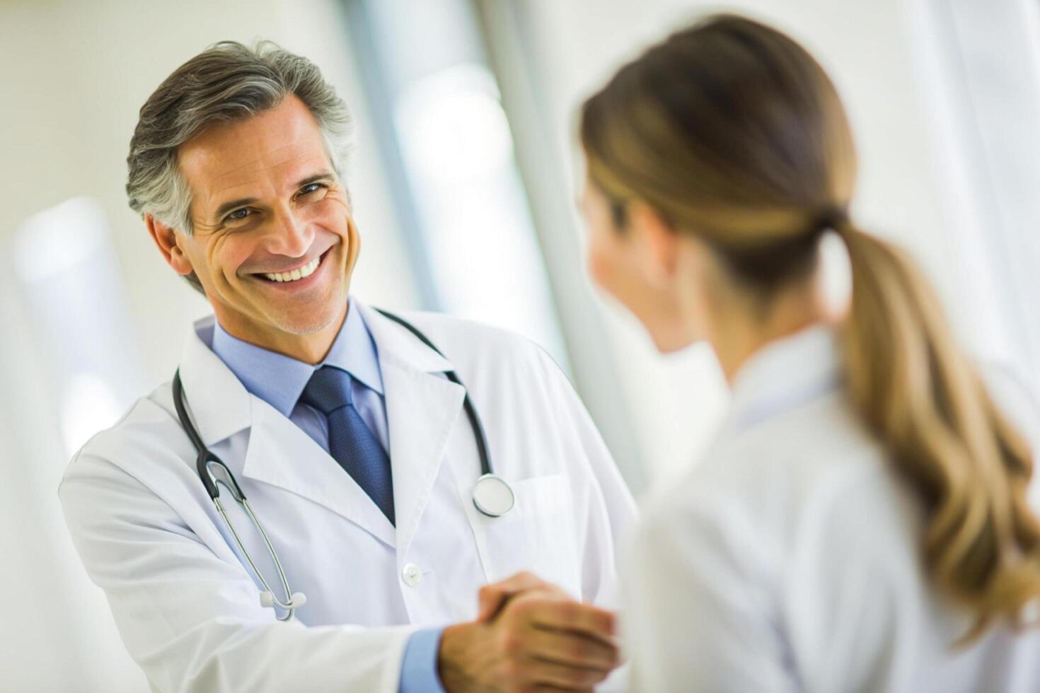 ai generado sonriente médico a el clínica dando y apretón de manos a su paciente, cuidado de la salud foto