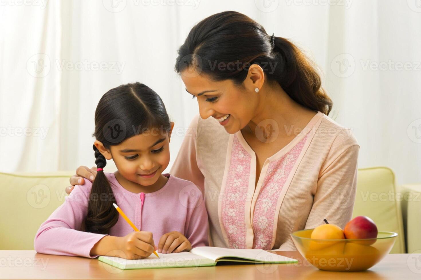 AI generated mother teaching daughter homework photo