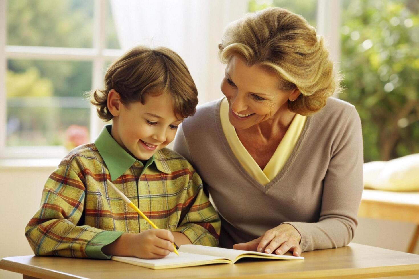 AI generated mother teaching son homework photo