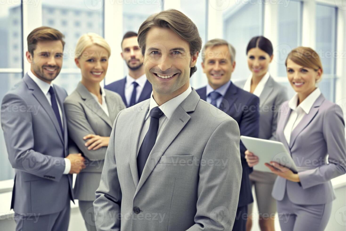 AI generated modern office team of business people  smile and talk photo