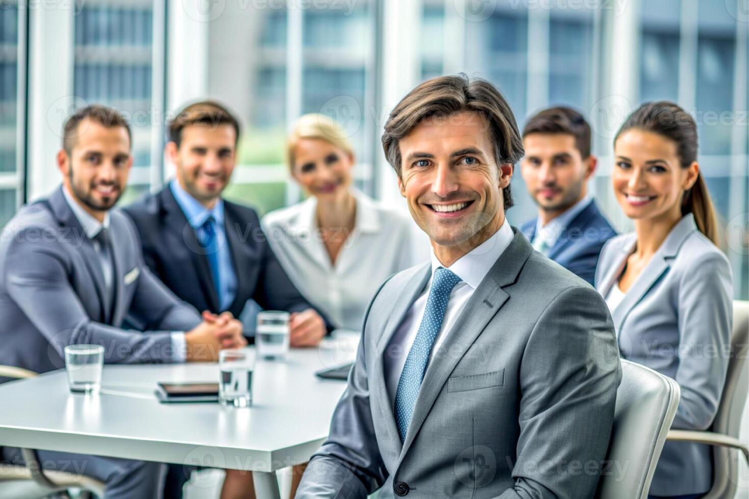 AI generated modern office team of business people  smile and talk photo