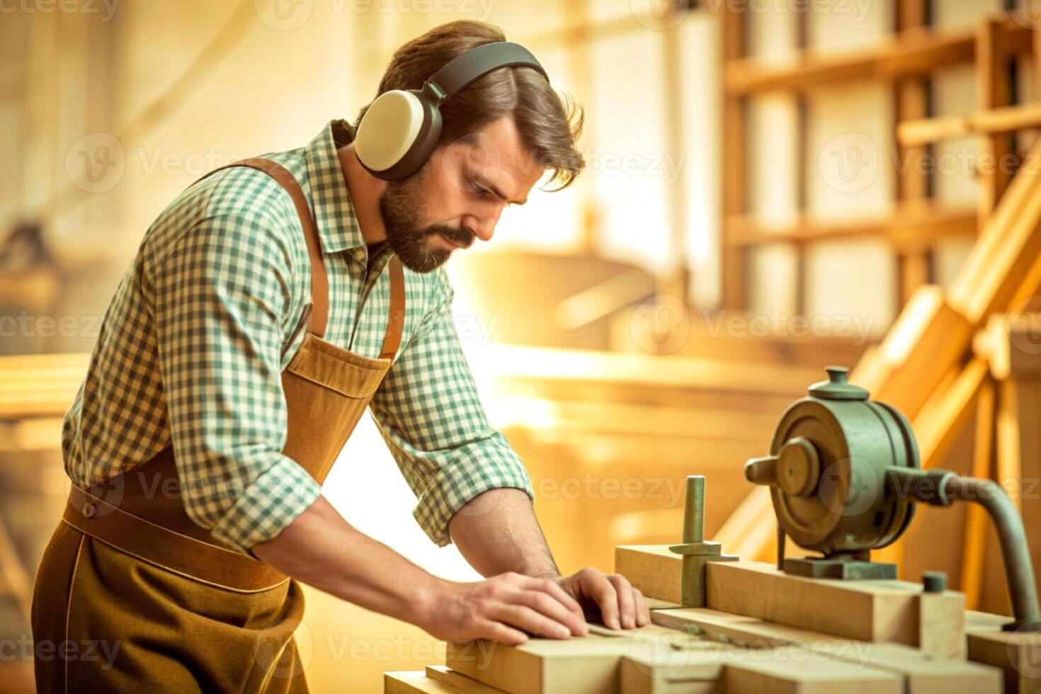 AI generated Carpenter working on woodworking machines in carpentry shop. man works in a carpentry shop. photo