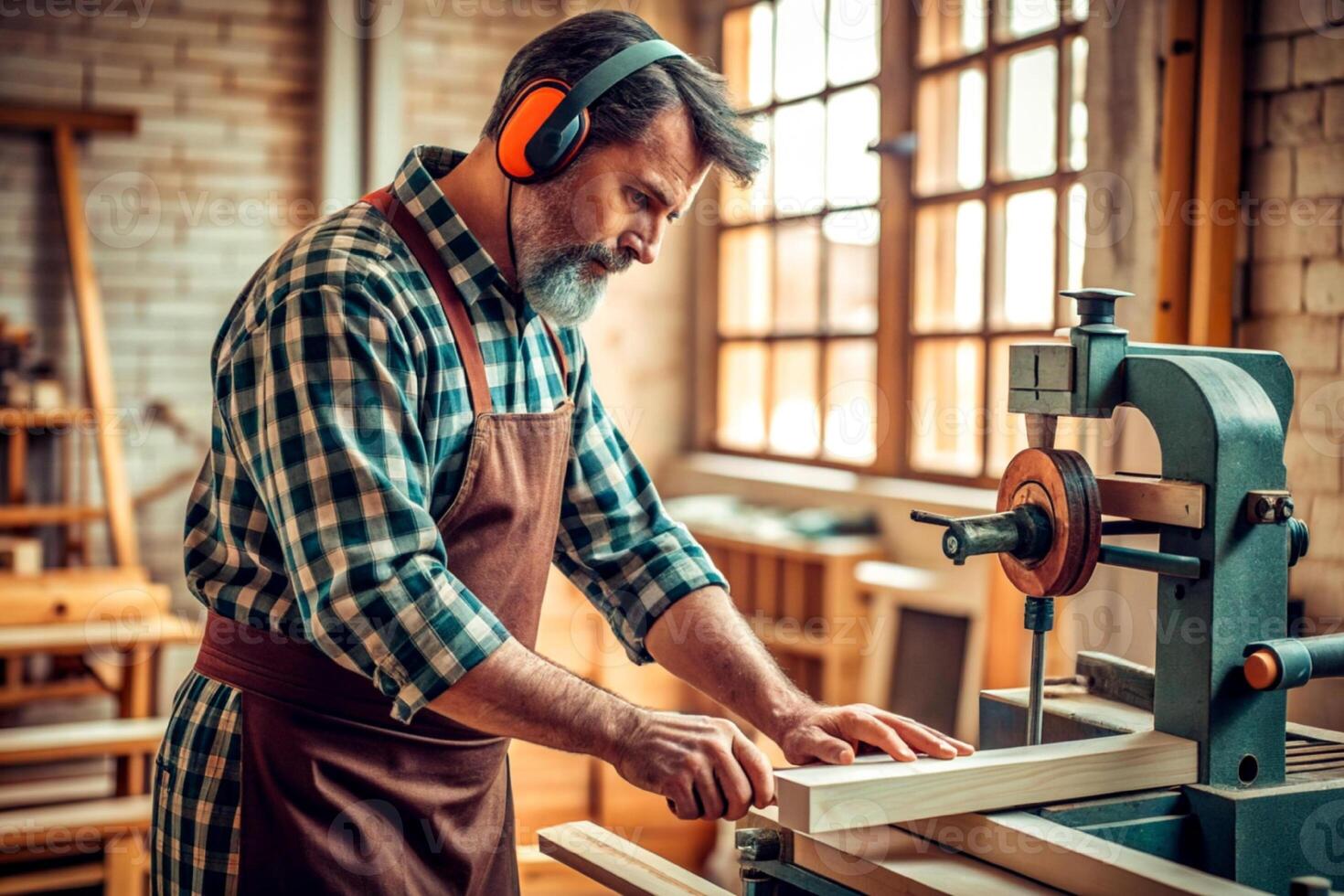 AI generated Carpenter working on woodworking machines in carpentry shop. man works in a carpentry shop. photo