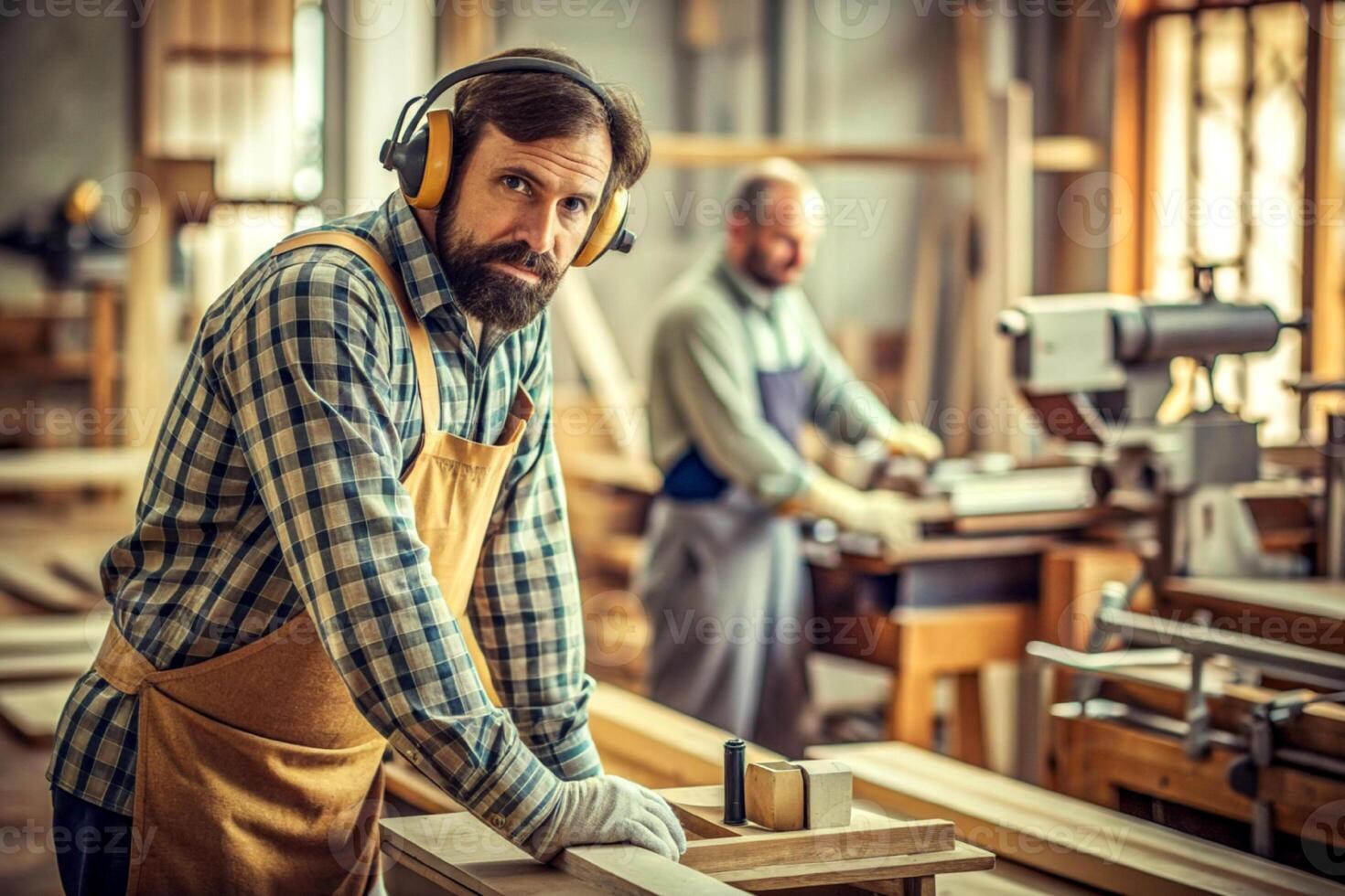 AI generated Carpenter working on woodworking machines in carpentry shop. man works in a carpentry shop. photo