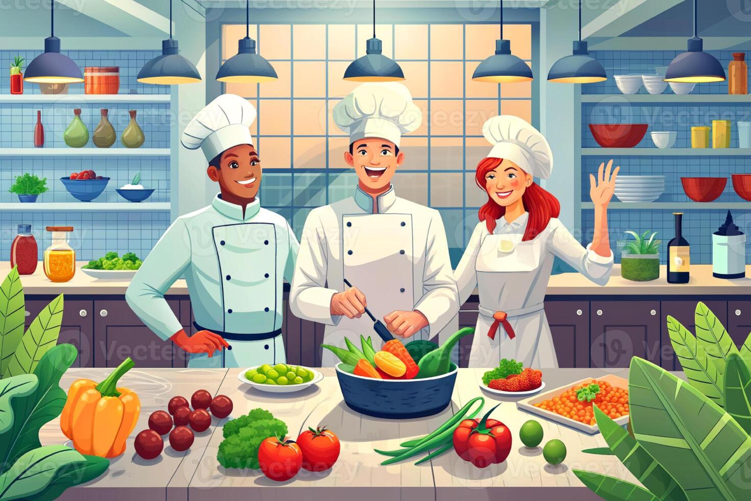 AI generated Team of chef in the kitchen smile photo