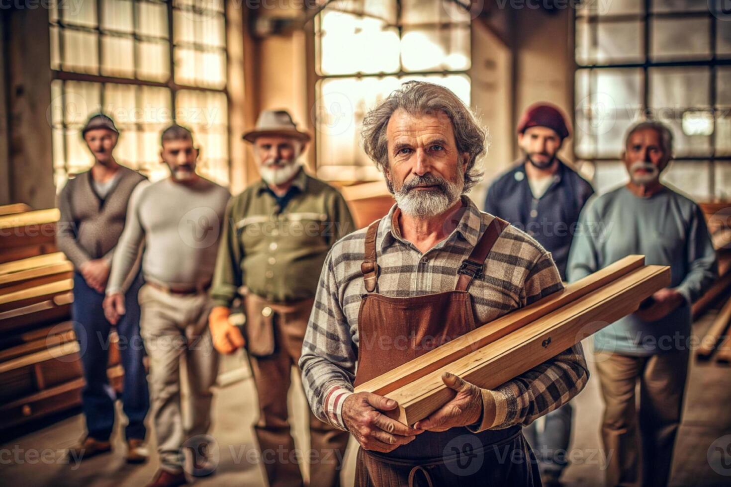 AI generated male carpenter holding wood team photo