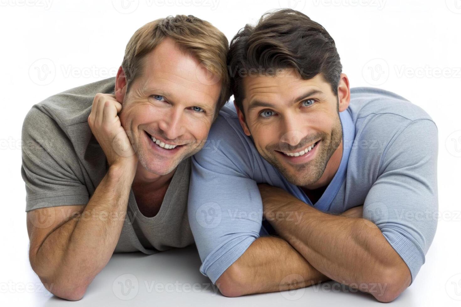 AI generated gay couple lying , boyfriend photo