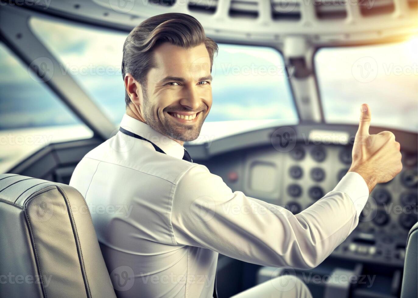 AI generated confident male pilot smiling while sitting in cockpit photo