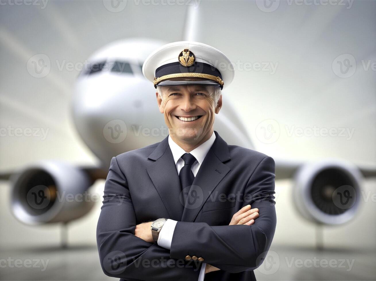 AI generated Confident male pilot in uniform keeping arms crossed and smiling with airplane in the background photo