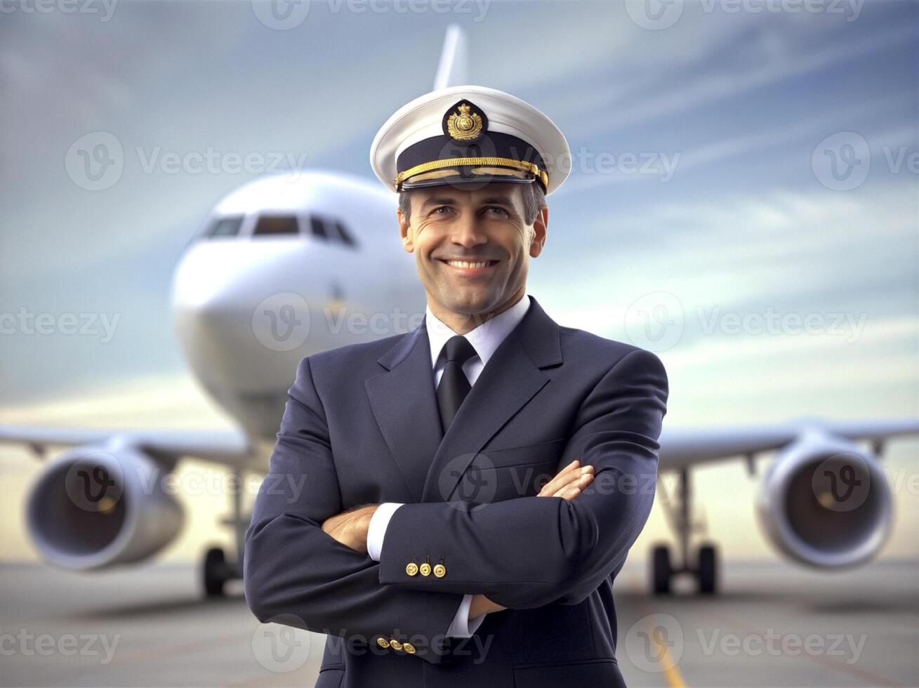 AI generated Confident male pilot in uniform keeping arms crossed and smiling with airplane in the background photo