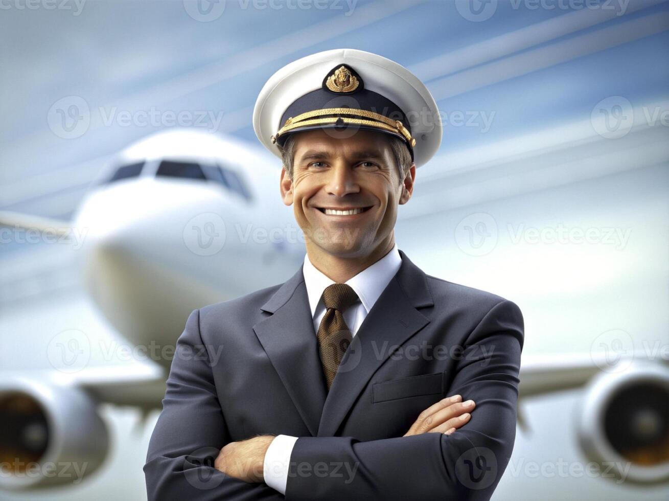 AI generated Confident male pilot in uniform keeping arms crossed and smiling with airplane in the background photo