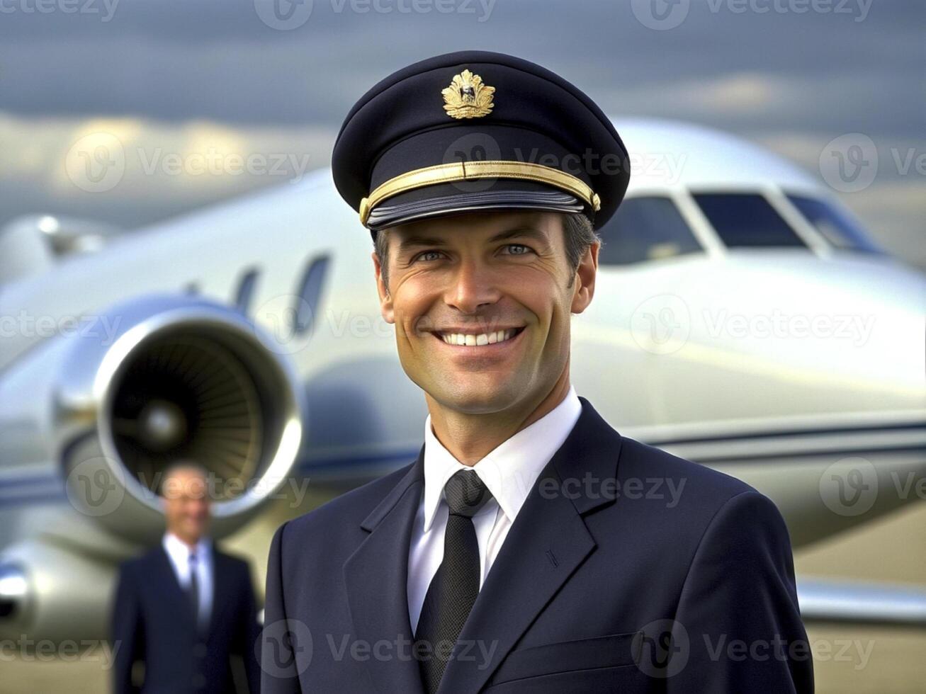 ai generado confidente masculino piloto en uniforme acuerdo brazos cruzado y sonriente con avión en el antecedentes foto