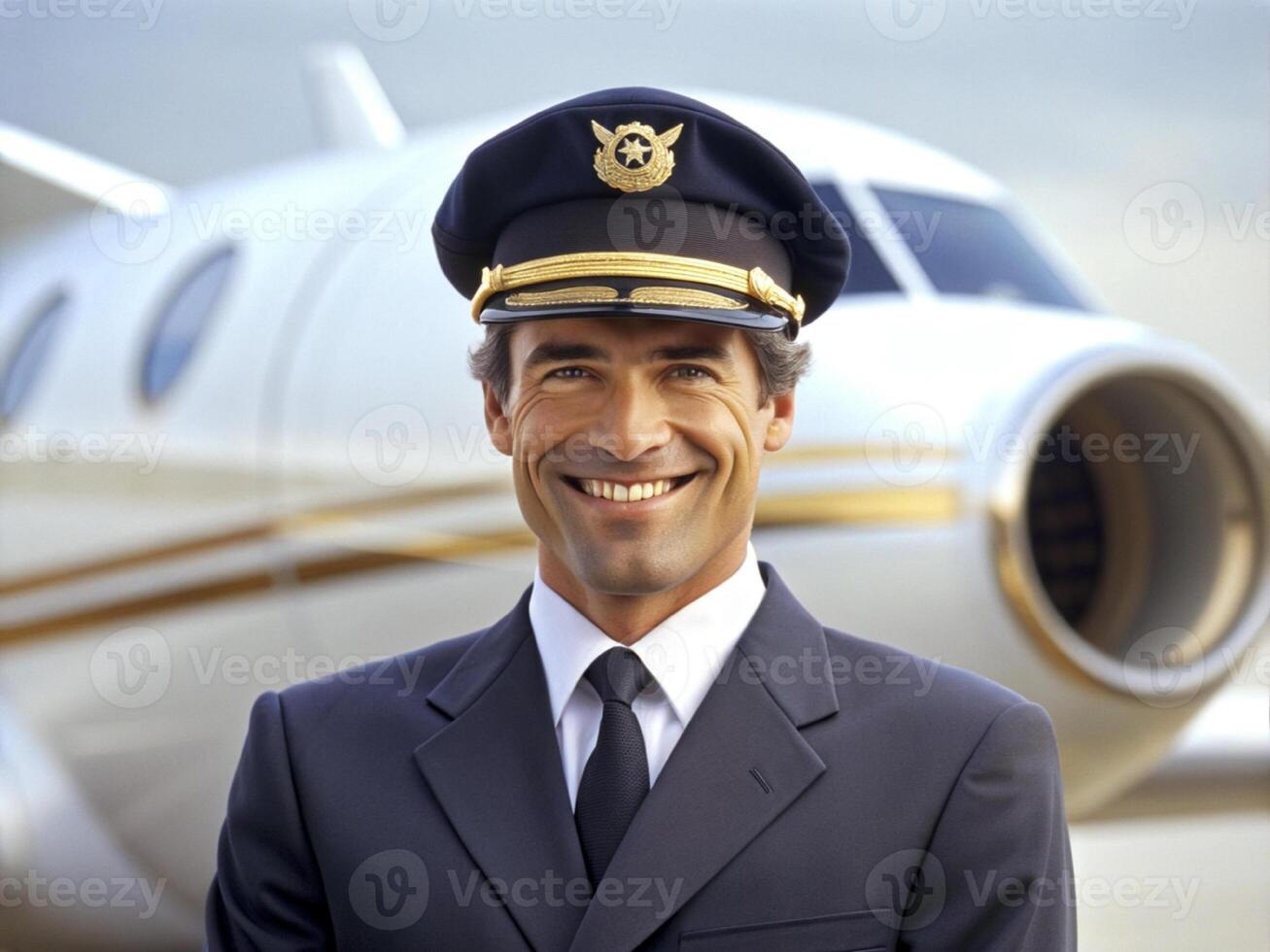 ai generado confidente masculino piloto en uniforme acuerdo brazos cruzado y sonriente con avión en el antecedentes foto