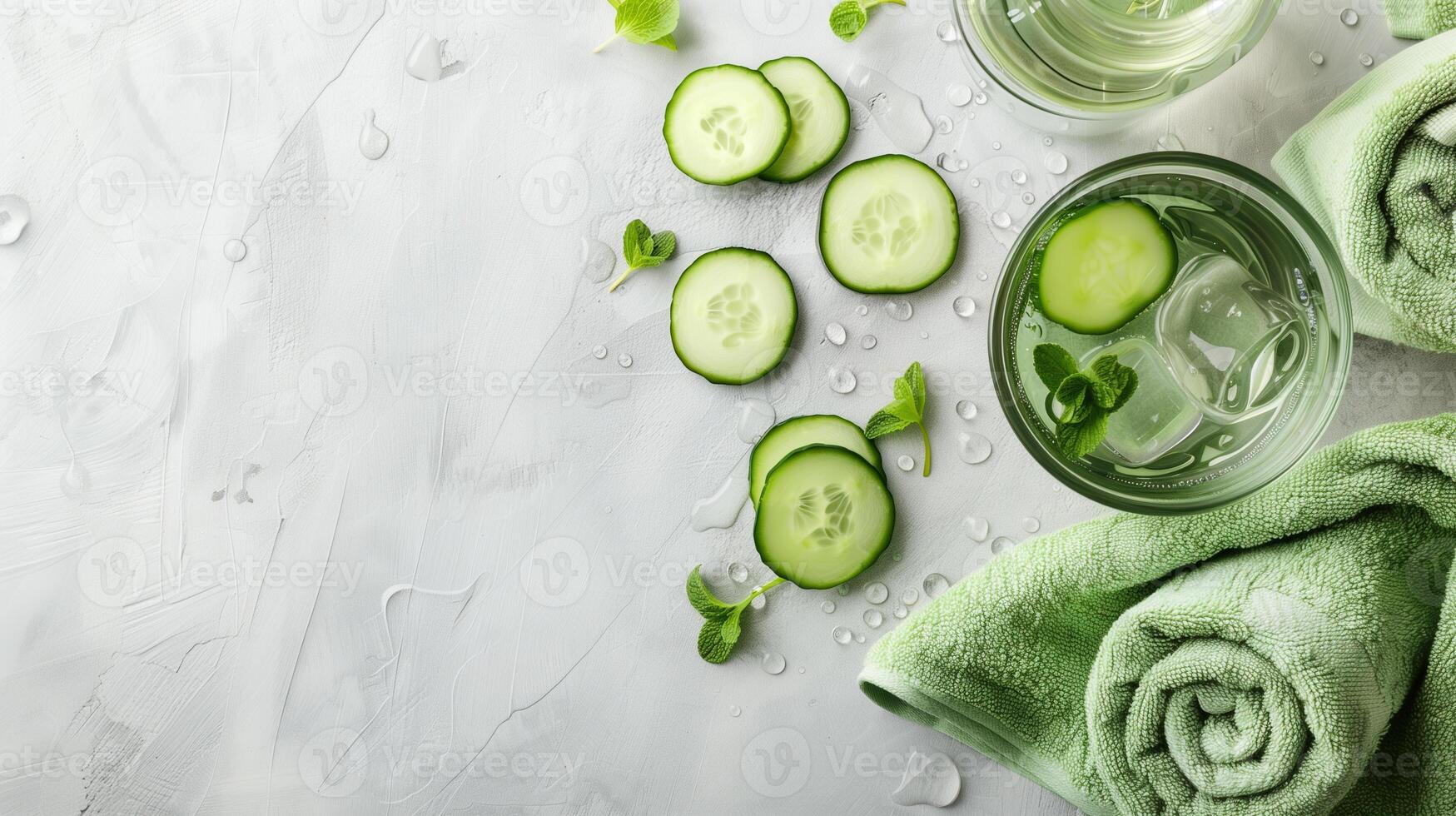 AI generated Fresh cucumber slices and mint leaves are elegantly arranged next to a glass of infused water, evoking a sense of refreshment and natural spa wellness photo