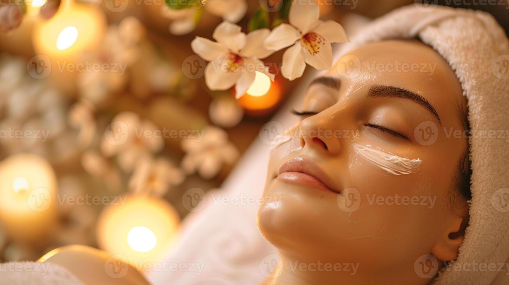 AI generated A tranquil spa setting with a woman enjoying a facial treatment, surrounded by the soft glow of candles and delicate flowers for a complete relaxation experience. photo