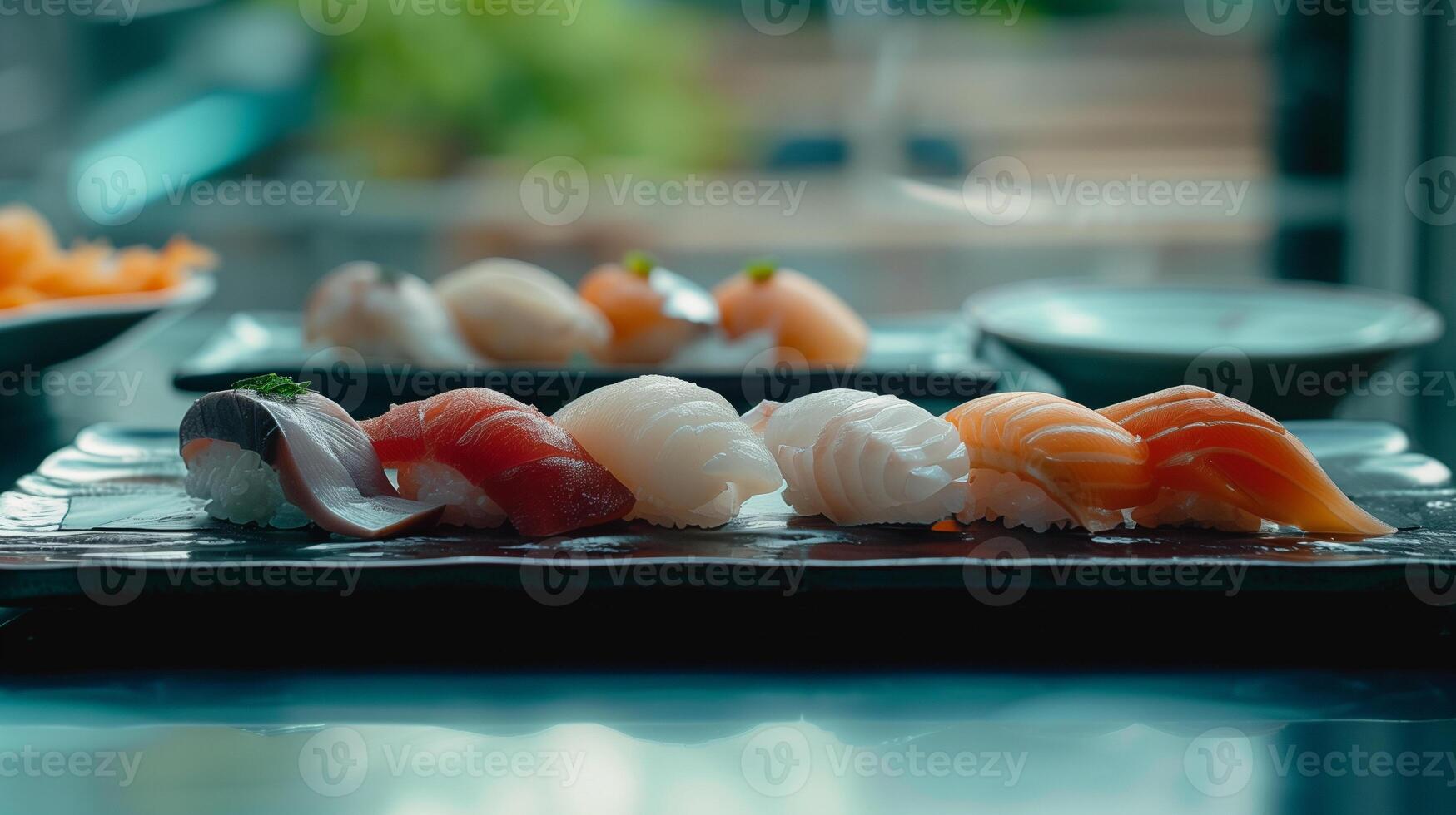 ai generado un Exquisito selección de Sushi nigiris, delicadamente hecho a mano con el mas fresco pez, presentado en un pulcro, oscuro pizarra tablero foto