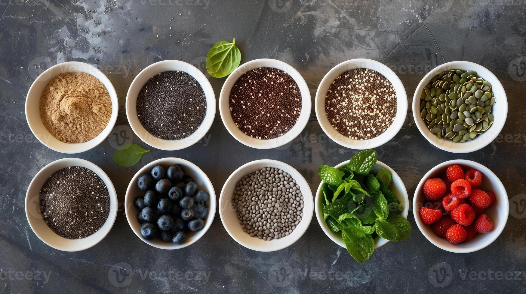 AI generated A variety of superfoods in bowls, showcasing nutritious seeds, powders, and fresh berries on a textured background photo
