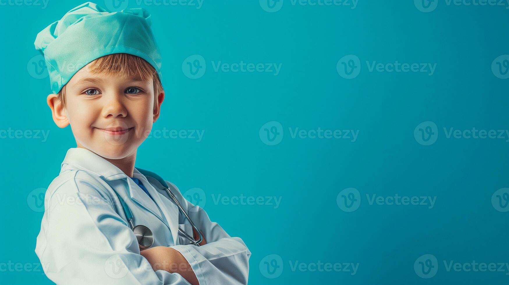 AI generated A cheerful young boy poses confidently in a doctor's scrubs and cap, complete with a stethoscope, against a vibrant blue background photo