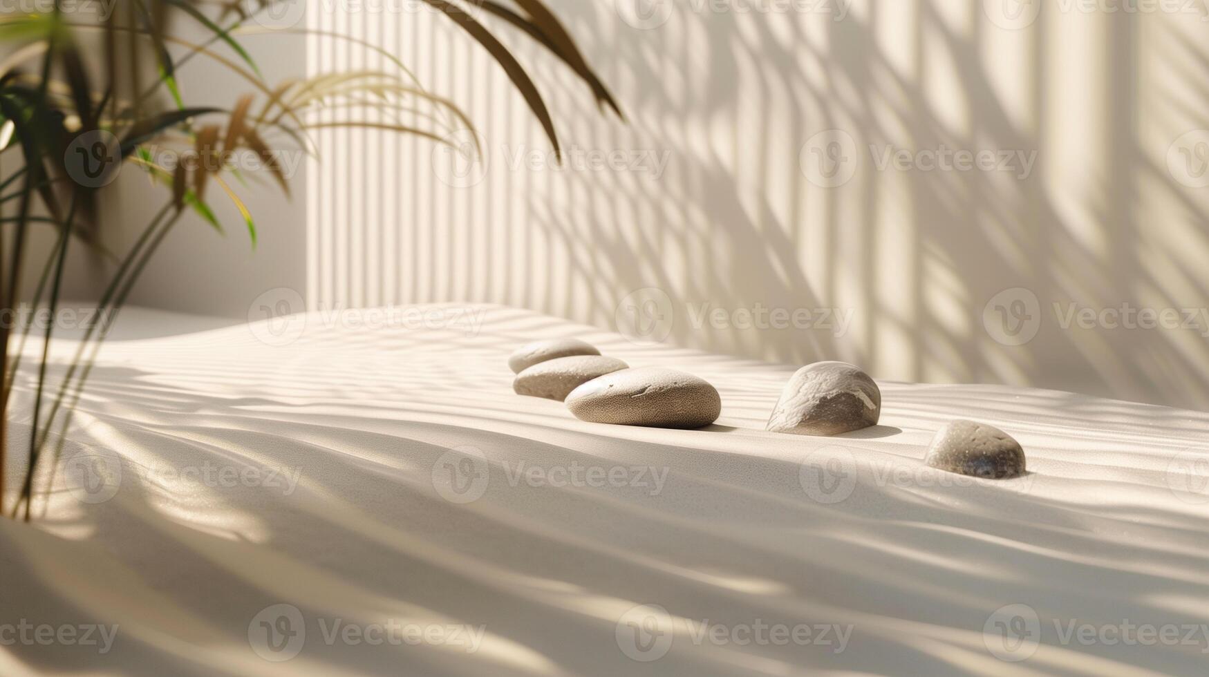 AI generated A meticulously arranged Zen garden with patterns in the sand complemented by a harmonious assortment of smooth stones, creating a tranquil and meditative space photo