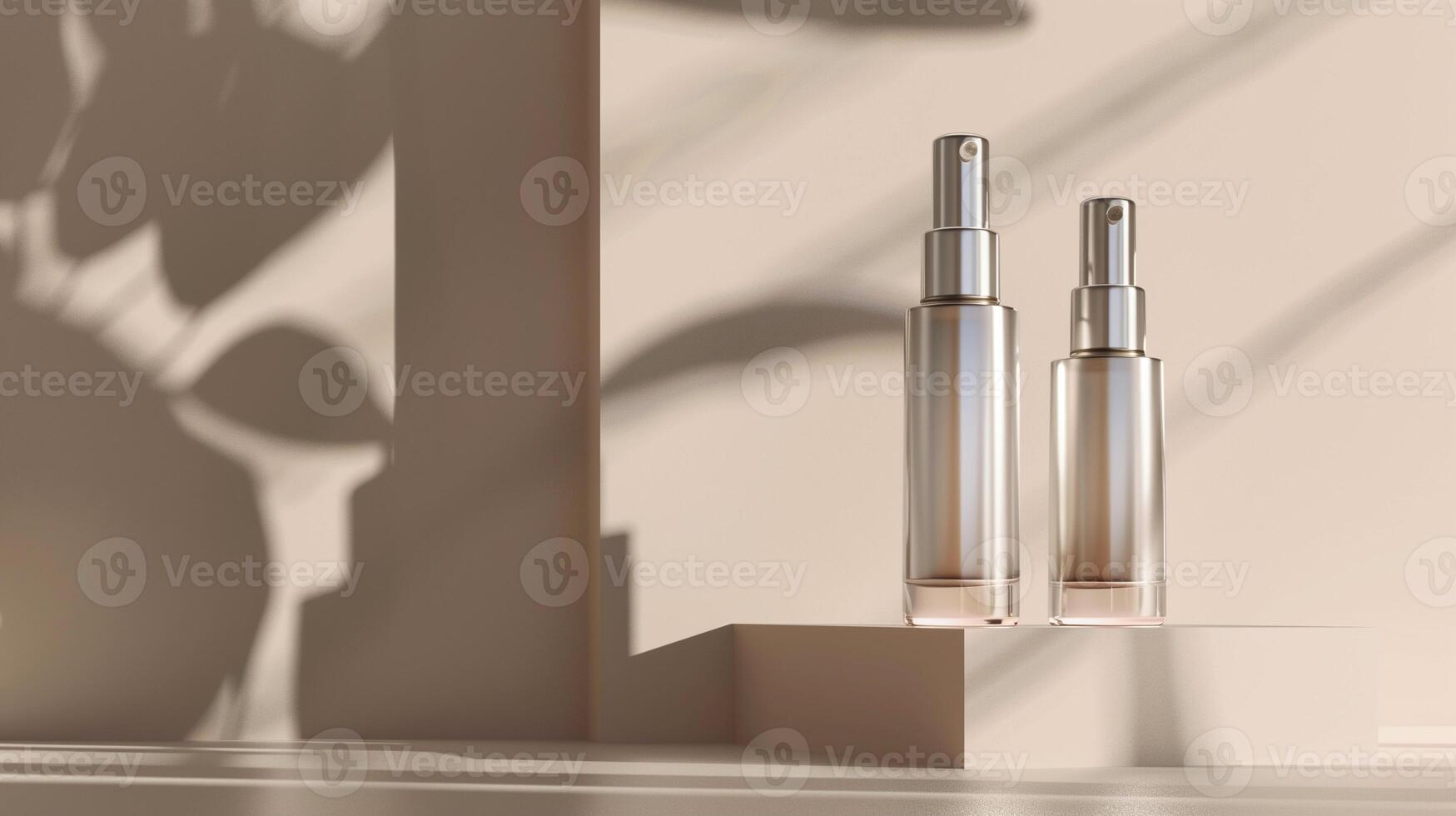 AI generated Two sleek cosmetic spray bottles bask in the soft, warm light, casting elegant shadows, epitomizing minimalist luxury in beauty product design photo