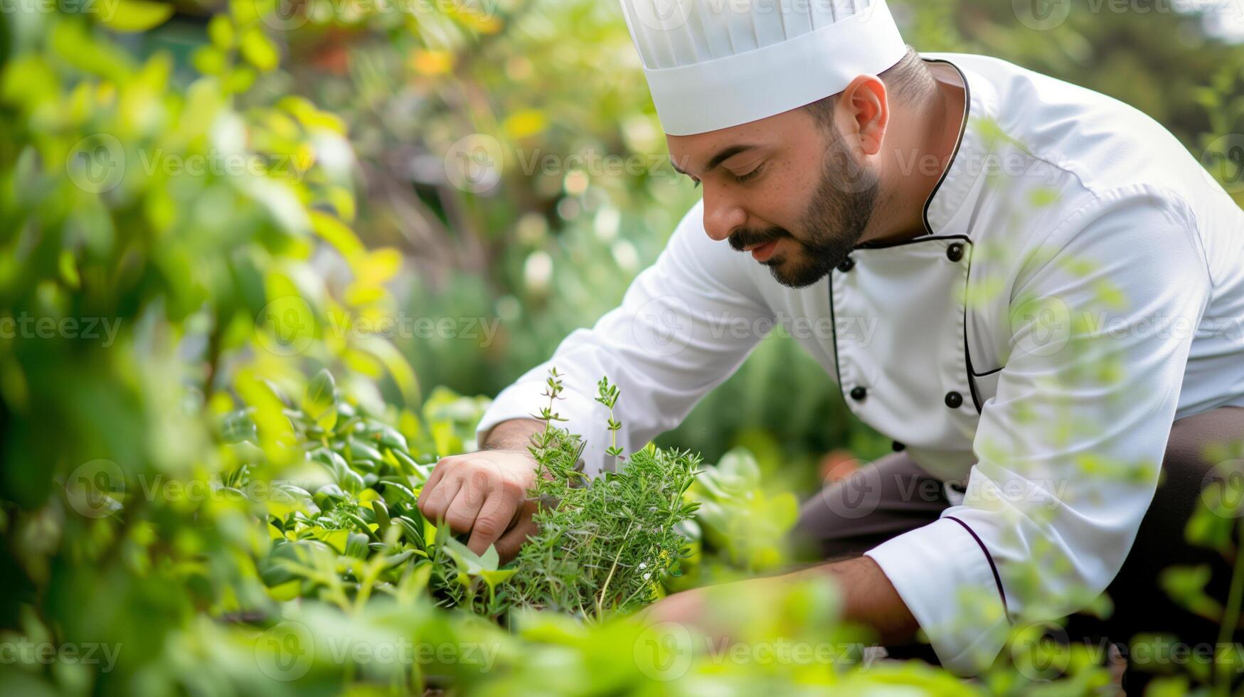 AI generated A professional chef carefully selects fresh herbs from a lush garden, illustrating the farm-to-table culinary concept. photo