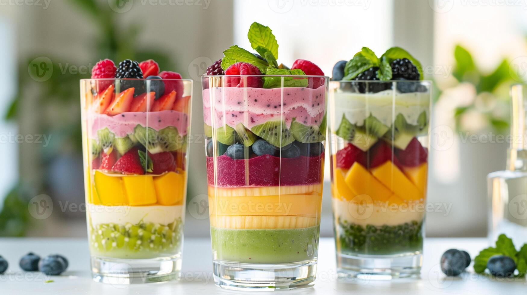 AI generated refreshing fruit parfaits with vibrant layers of fresh berries, mango, kiwi, and smoothie, garnished with mint, offering a healthy and colorful treat photo