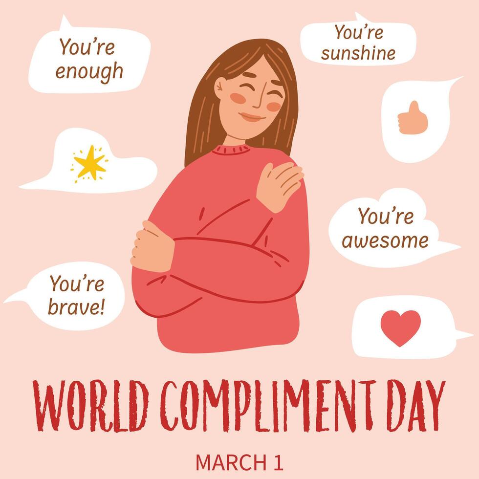 Concept of World Compliment Day. Hand drawn illustration of woman hugging herself. vector
