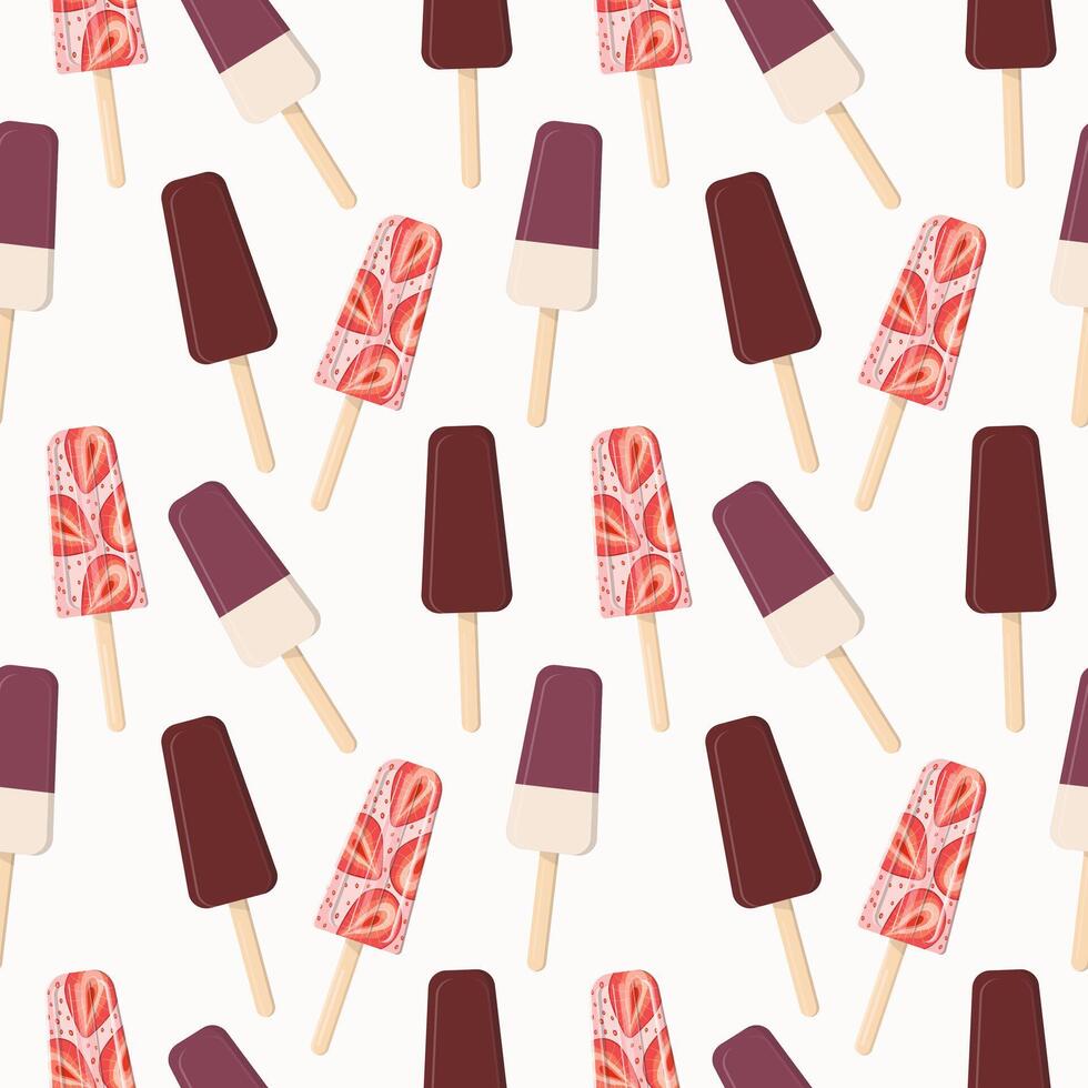 Strawberry and chocolate popsicle ice cream on a stick. Seamless pattern in vector flat style.