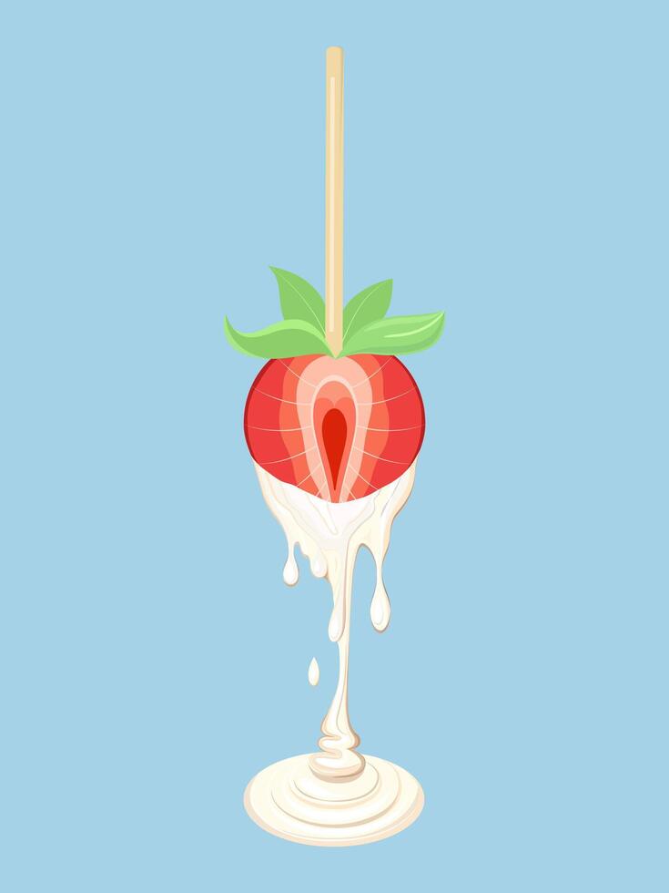 Vector berry illustration. Drawing of half strawberry in white chocolate, isolated on white background.
