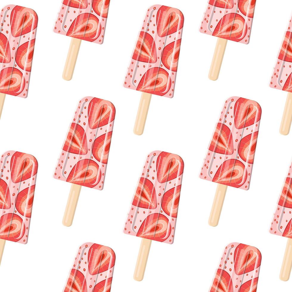 Strawberry ice cream on a stick seamless pattern. Vector flat style. Bright, summer juicy background.