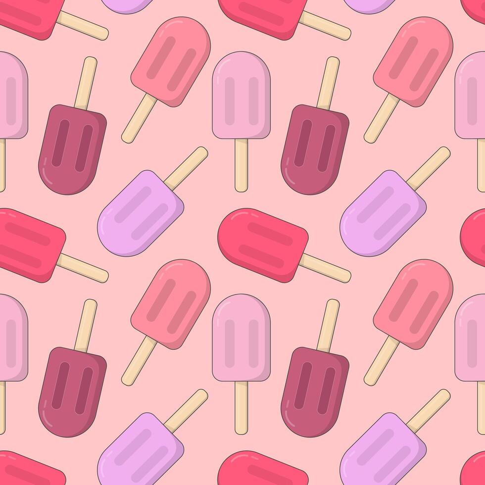 Seamless pattern with ice cream isolated on pink background. Colorful ice cream on stick. Hand painted sweet summer dessert illustration. vector