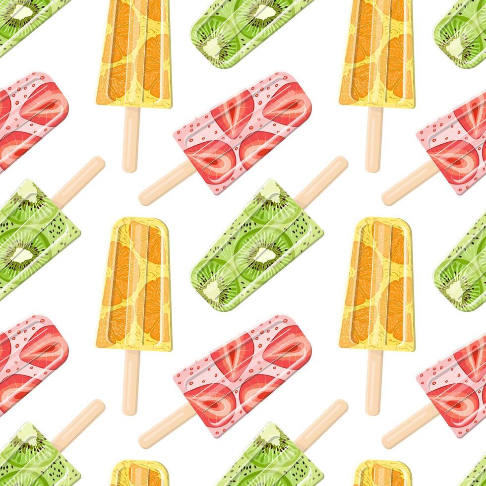 Fruit ice cream on a stick. Orange, kiwi and strawberry. Seamless pattern in vector flat style. Bright, summer juicy background.