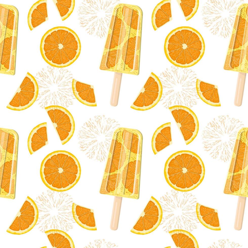 Orange ice cream on a stick and slices of orange. Seamless pattern in vector flat style. Bright, summer juicy background.